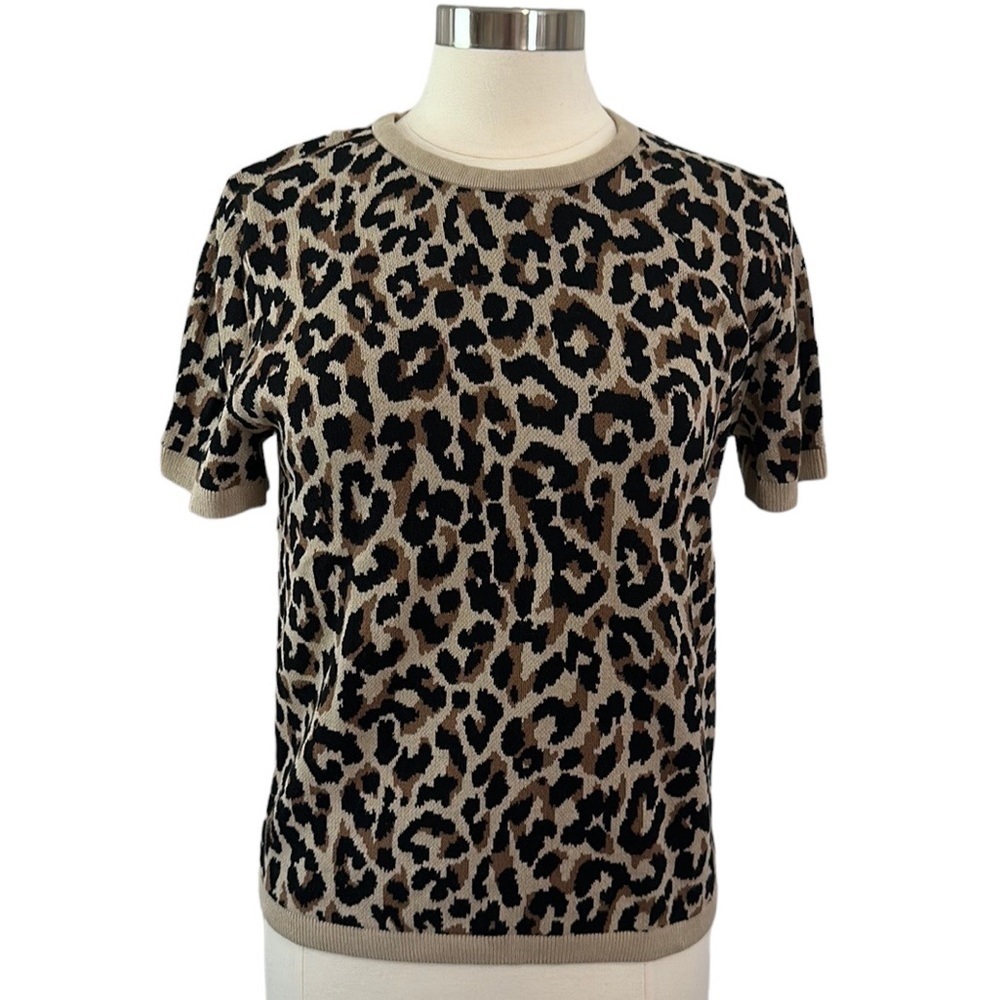 JCrew Leopard Print Knit Top Cotton Short Sleeve Brown Black Tan Size Medium NWT